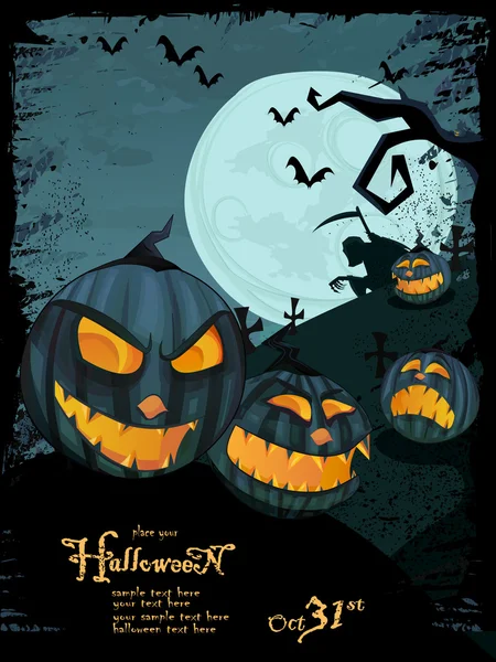 Plantilla de Halloween vectorial con paisaje nocturno y calabazas malvadas — Vector de stock