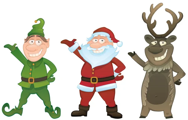 Conjunto de vetores com Santa, Elfo e Rudolph — Vetor de Stock