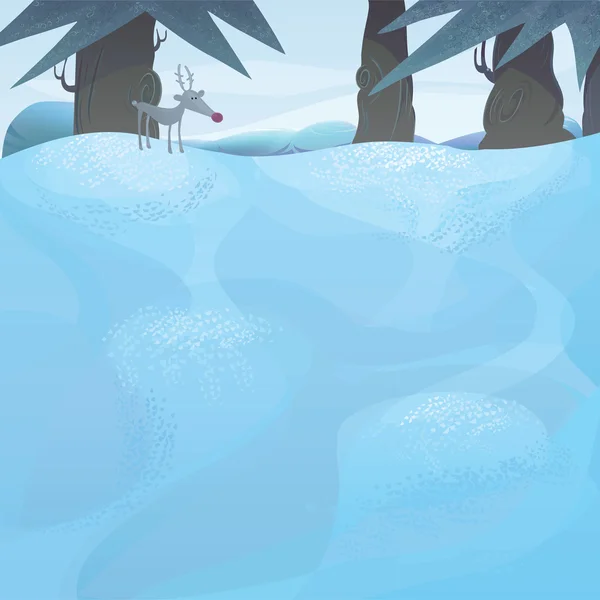Paisagem de inverno vetorial com pinheiros e Rudolph — Vetor de Stock