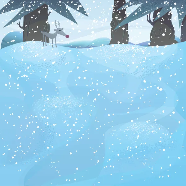 Векторный зимний пейзаж с соснами и Рудольфом — стоковый вектор