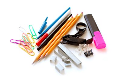 School office supplies on white clipart