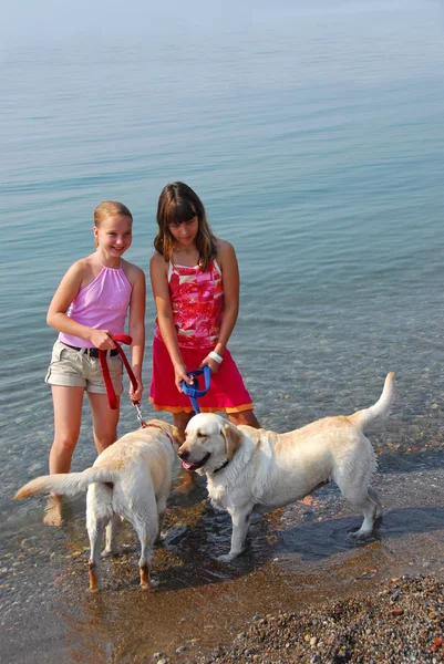 Twee meisjes spelen met honden — Stockfoto