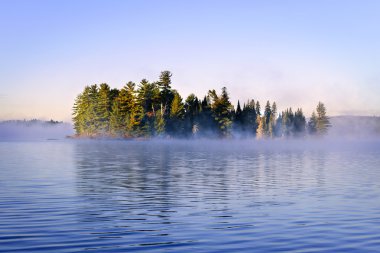 Island in lake with morning fog clipart