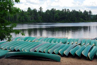 Canoes on lake shore clipart