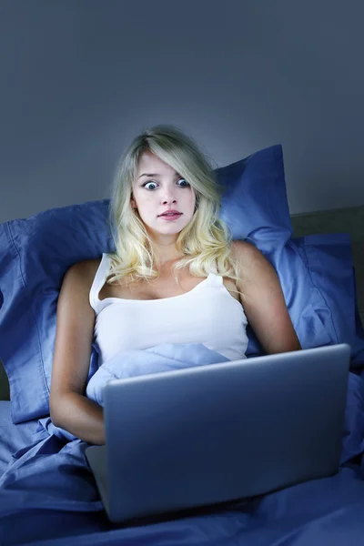 Frightened woman with computer at night — Stock Photo, Image