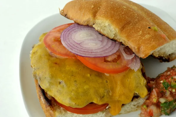 Cheeseburger /Salsa Stockfoto