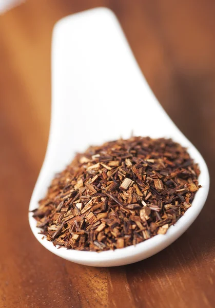 Spoon with loose Rooibos red tea, isolated, shallow focus — Stock Photo, Image