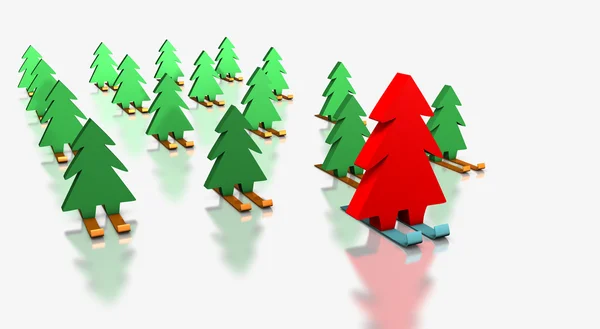 Christmas trees skiing with the leader — Stock Photo, Image