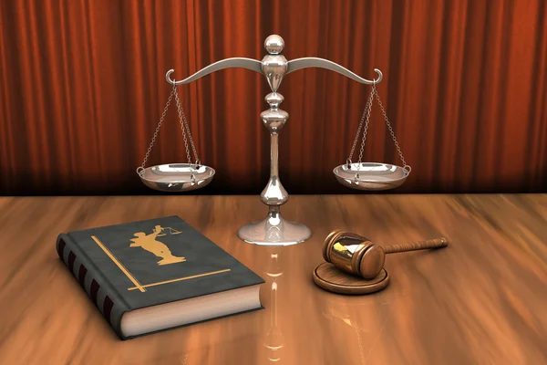 Гавел, масштаб и книга закона на столе — стоковое фото