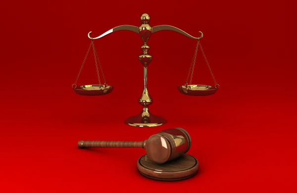 Golden scale and gavel on red solid background — Stock Photo, Image
