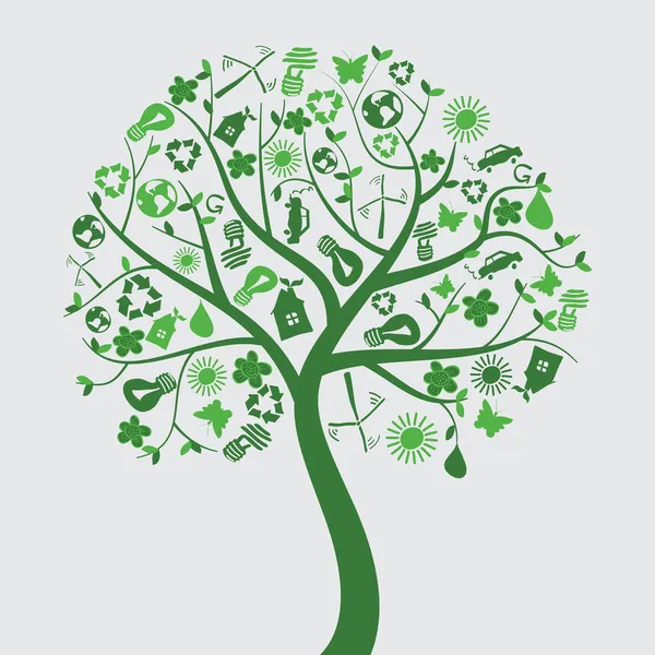 Groene boom met ecologische pictogrammen — Stockvector