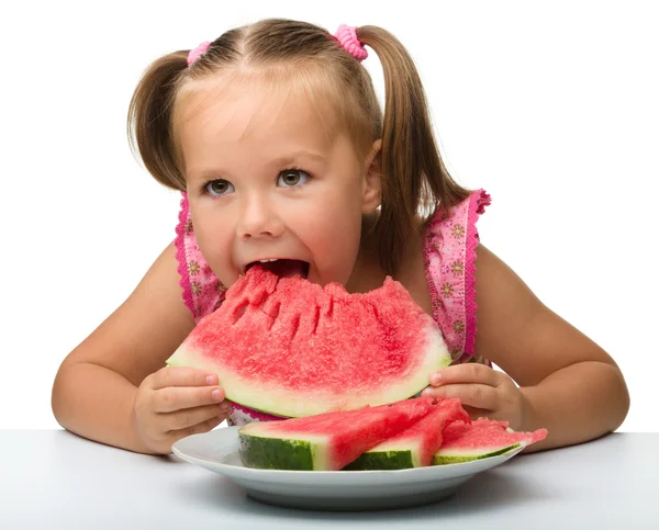 Cute little girl is going to eat watermelon — Stock Photo, Image