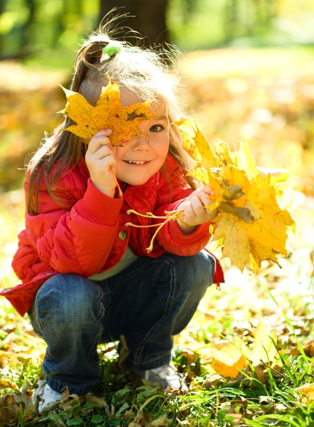 Sonbahar parkta oynayan küçük kız Stok Fotoğraf