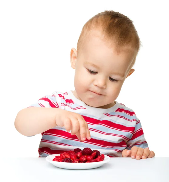 Schattige kleine jongen met aardbeien — Stockfoto