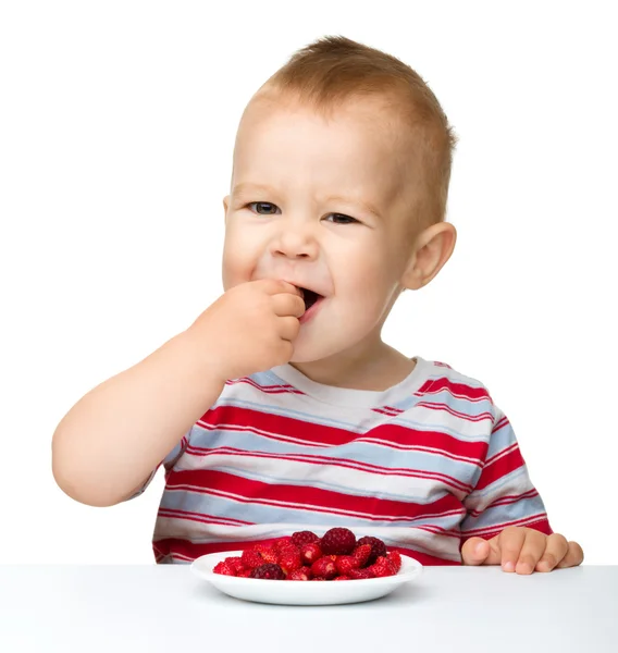 Söt liten pojke med jordgubbar — Stockfoto