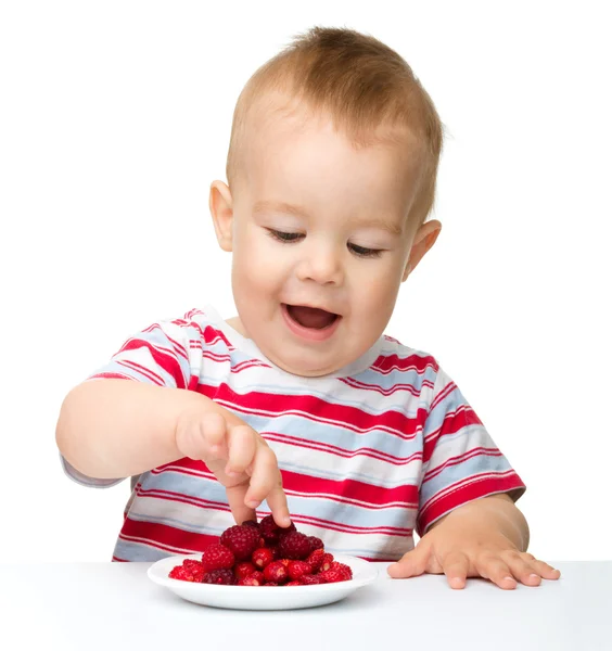 Söt liten pojke med jordgubbar — Stockfoto