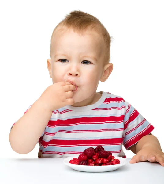 Gelukkig jongetje met aardbeien — Stockfoto