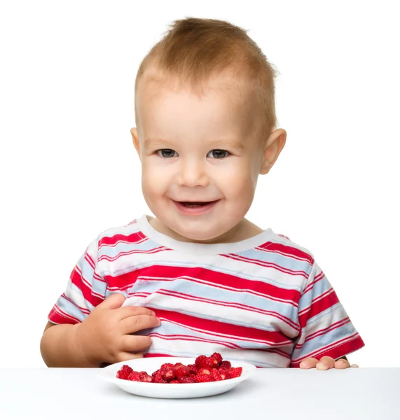 Счастливый маленький мальчик с клубникой — стоковое фото