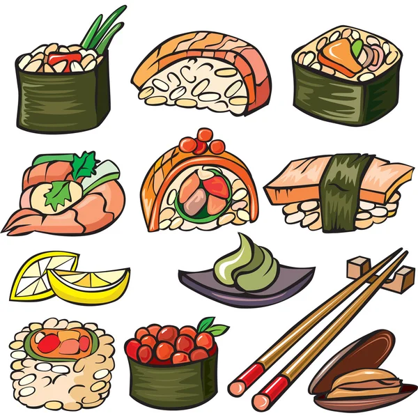 Sushi, ensemble icône des fruits de mer — Image vectorielle