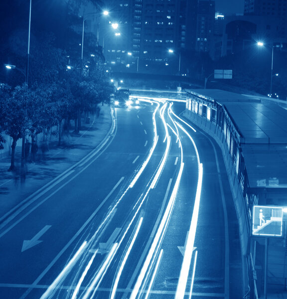 High speed car light trail at night in Guangzhou city