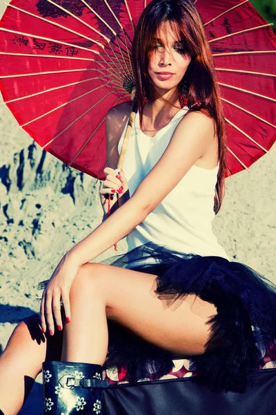 Woman portrait with parasol — Stock Photo, Image