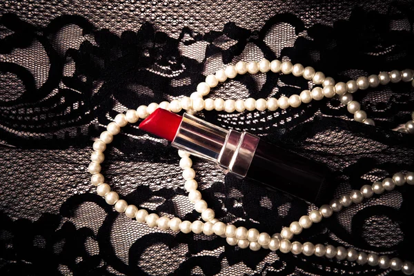 Lipstick pearls lace — Stock Photo, Image