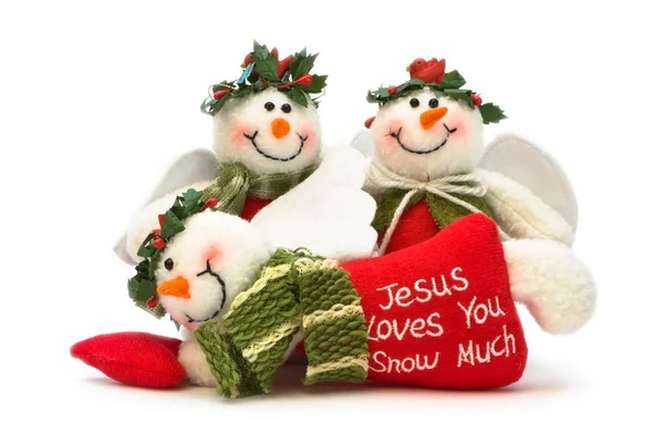 Tres decoraciones de muñeco de nieve de Navidad — Foto de Stock