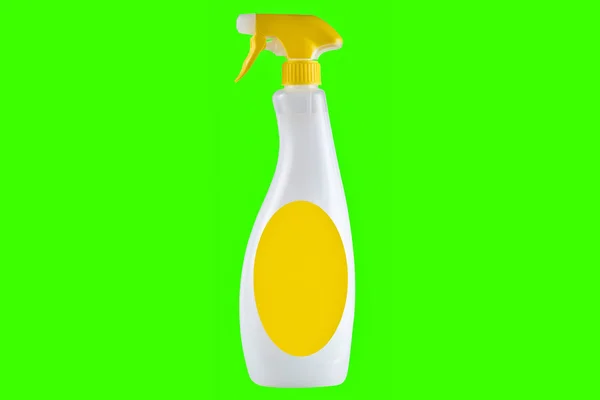 Белый спрей моющее средство бутылка с желтыми элементами — стоковое фото