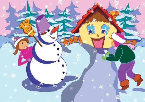 儿童和雪人 — 图库矢量图片