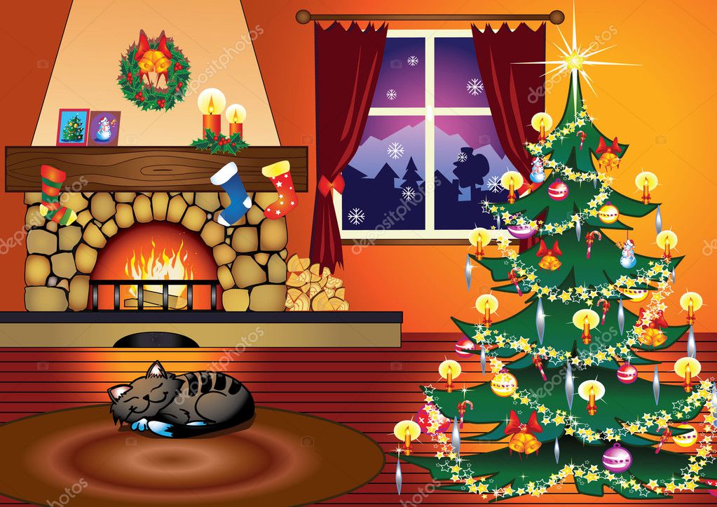 Woonkamer kerst tijd — stockvector © deepgreen #7360696 Woonkamer kerst decoratie