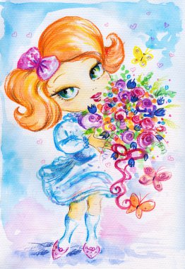 Girl with flowers clipart