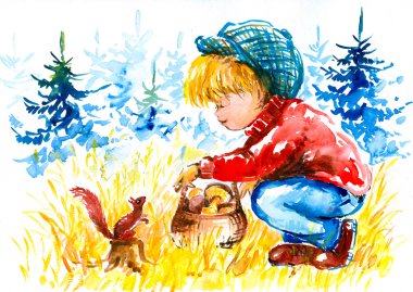 Boy and squirrel clipart