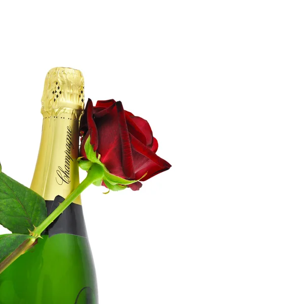 Üveg pezsgő és egy vörös rózsa — Stock Fotó