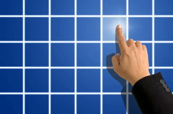Index finger pointing on blue square — Stock Photo, Image