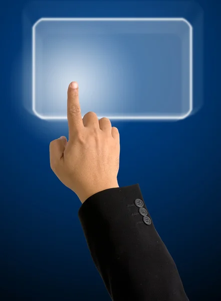 Указательный палец указывает на светло-синий прямоугольник — стоковое фото