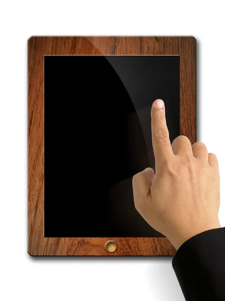Указательный палец указывающий на деревянную подушку — стоковое фото