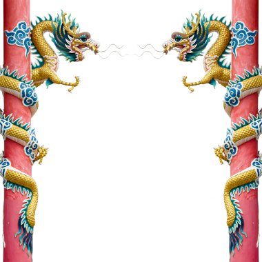 Twin Chinese Dragon Wrapped around red pole on White clipart