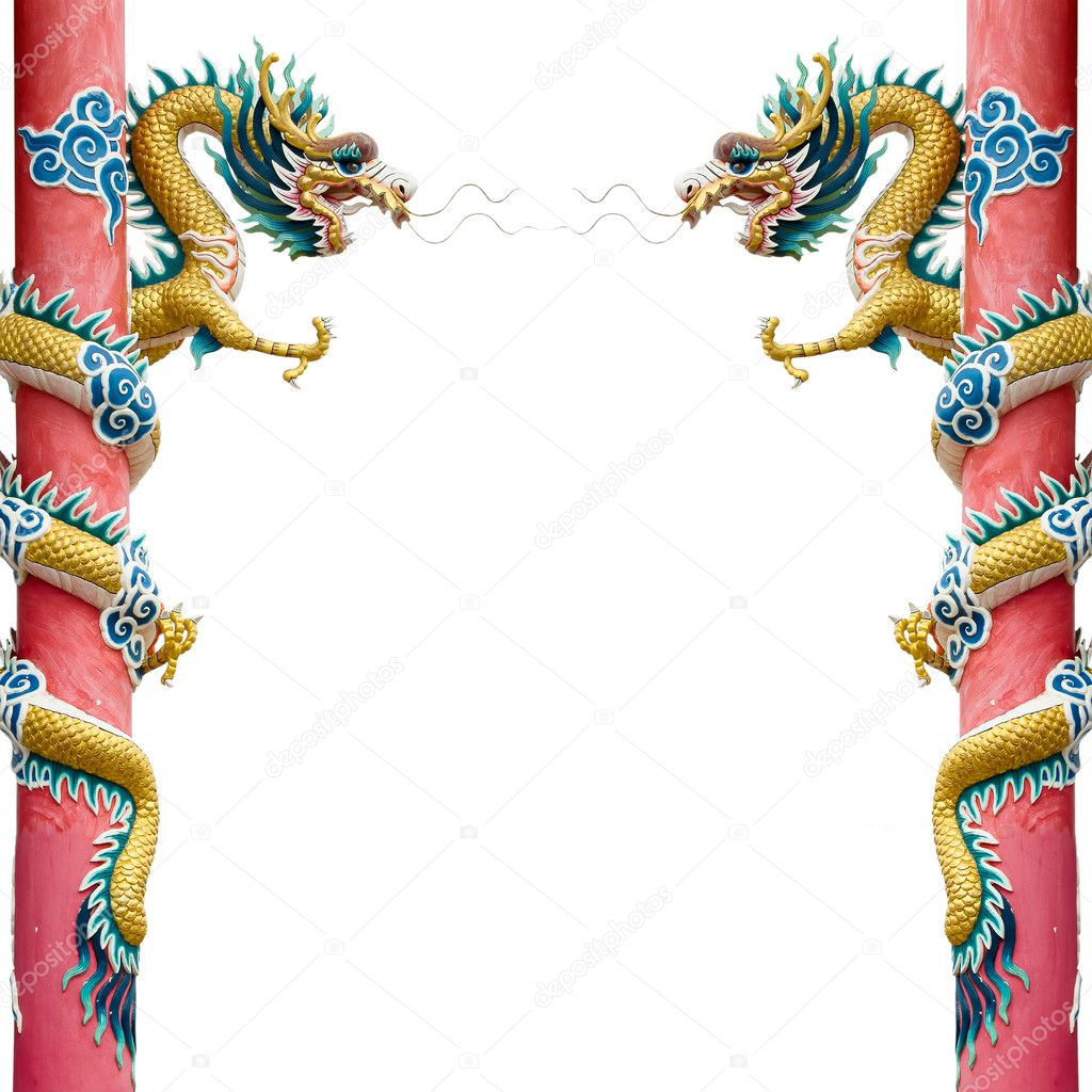 Twin Chinese Dragon Wrapped around red pole on White