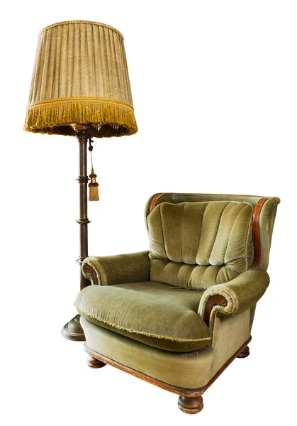 Oude Luxe fauteuil met vloerlamp op wit — Stockfoto