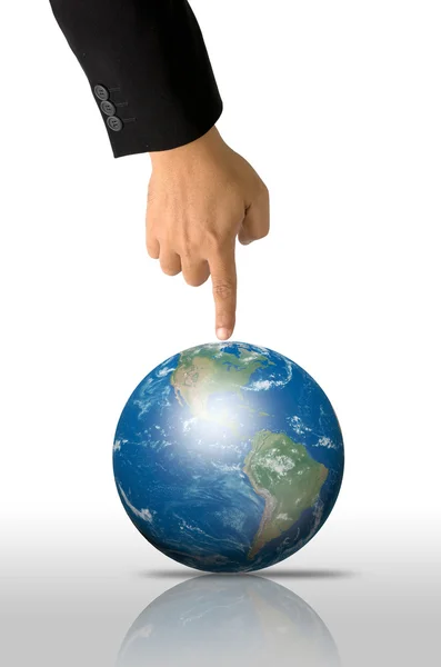 Index finger in black suit pointing down to the globe — Stock Photo, Image