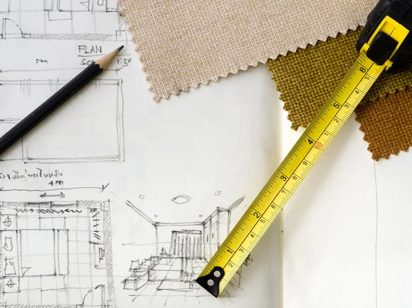 stock image Pencil and yellow tape machine on sketch plan