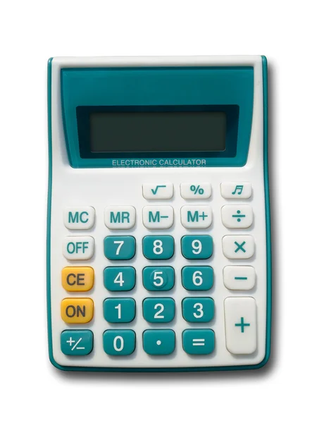 Передняя часть зеленого калькулятора на белом фоне — стоковое фото