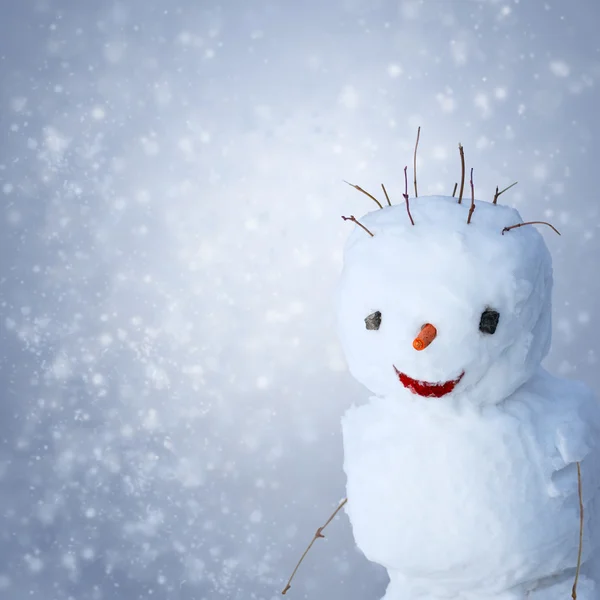 Смішний сніговик з котяком і палицями під засніженим тлом — стокове фото