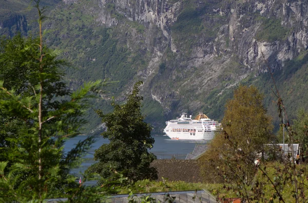 View at cruise ship through trees — Stock Photo, Image