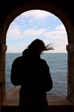 Silhouette of woman on the arched window clipart