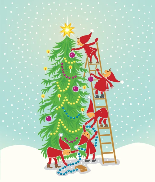 Árvore de Natal com elfos — Vetor de Stock