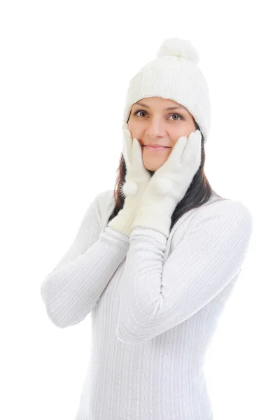 Fröhliche Frauenkleidung mit warmem Hut. — Stockfoto