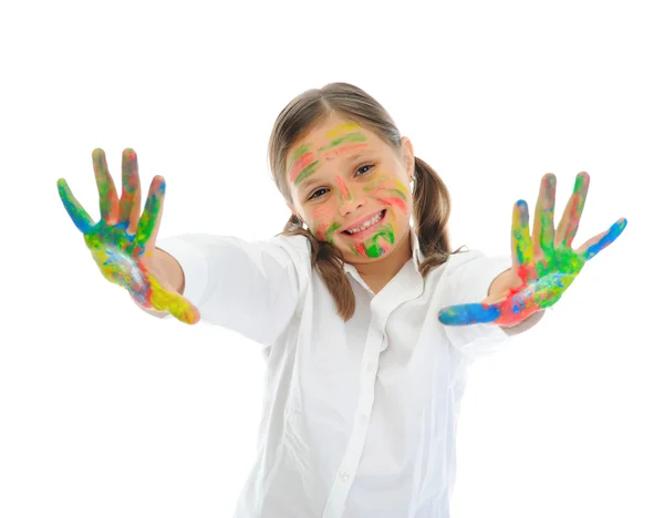 Leende flicka med handflatorna målade av en färg. — Stockfoto