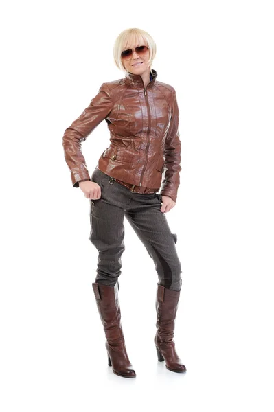 Young woman in a leather jacket — Stok fotoğraf