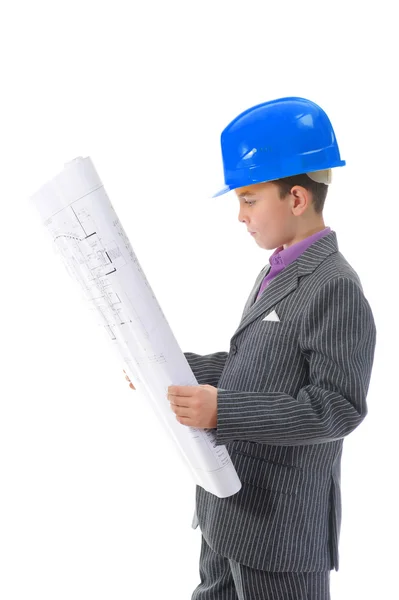 Kleiner lächelnder Bauarbeiter im Helm — Stockfoto